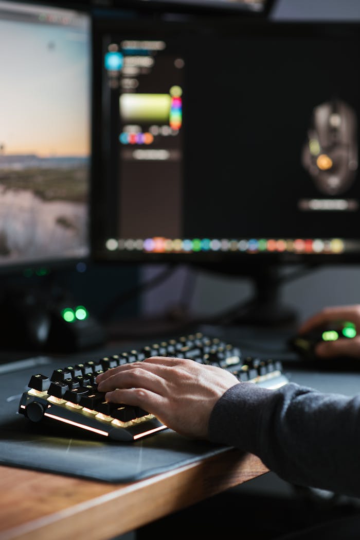 Crop anonymous male sitting at table with contemporary computer monitor while using backlit keyboard and mouse at home